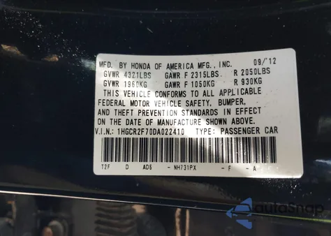2013 Honda Accord Ex from USA, damaged, VIN 1HGCR2F70DA022410